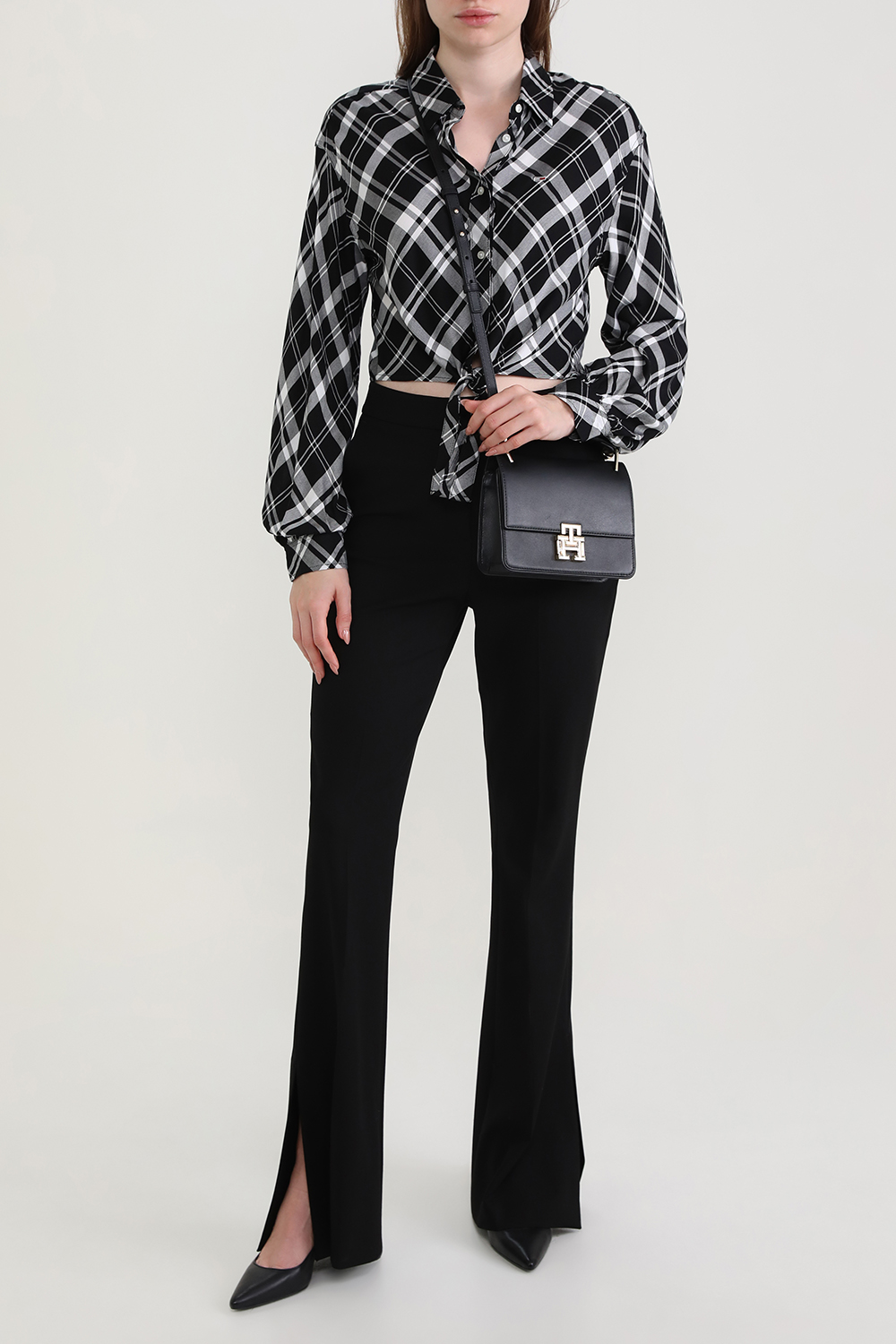 חולצה מכופתרת משובצת עם אלמנט קשירה